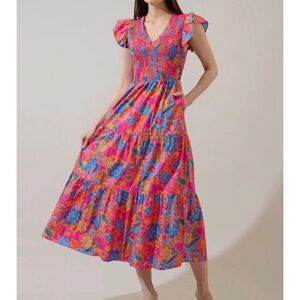Sugarlips Ranchero Floral Sunfire Smocked Bodice Ruffle Sleeve Midi Dress